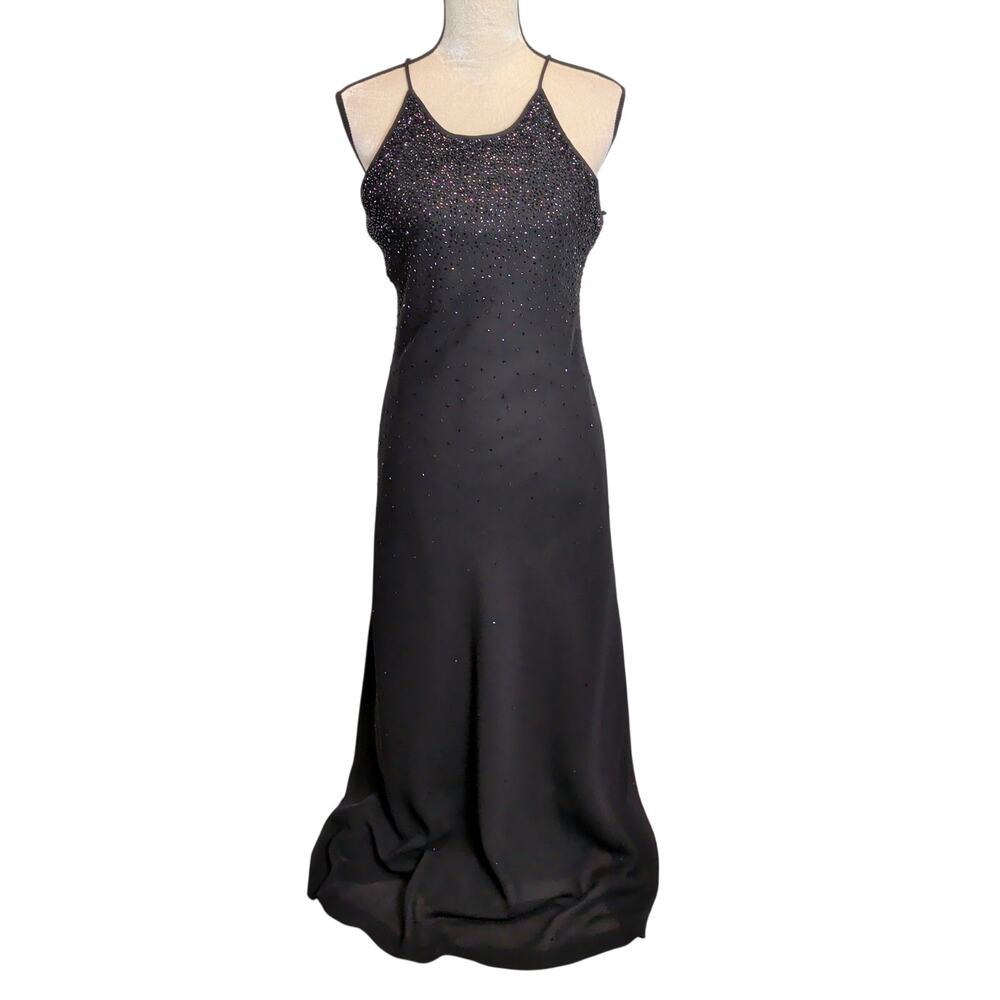Vtg 90s Chelsea Nites Black Beaded Formal Maxi Dress Bias Cut Fairy Whimsygoth